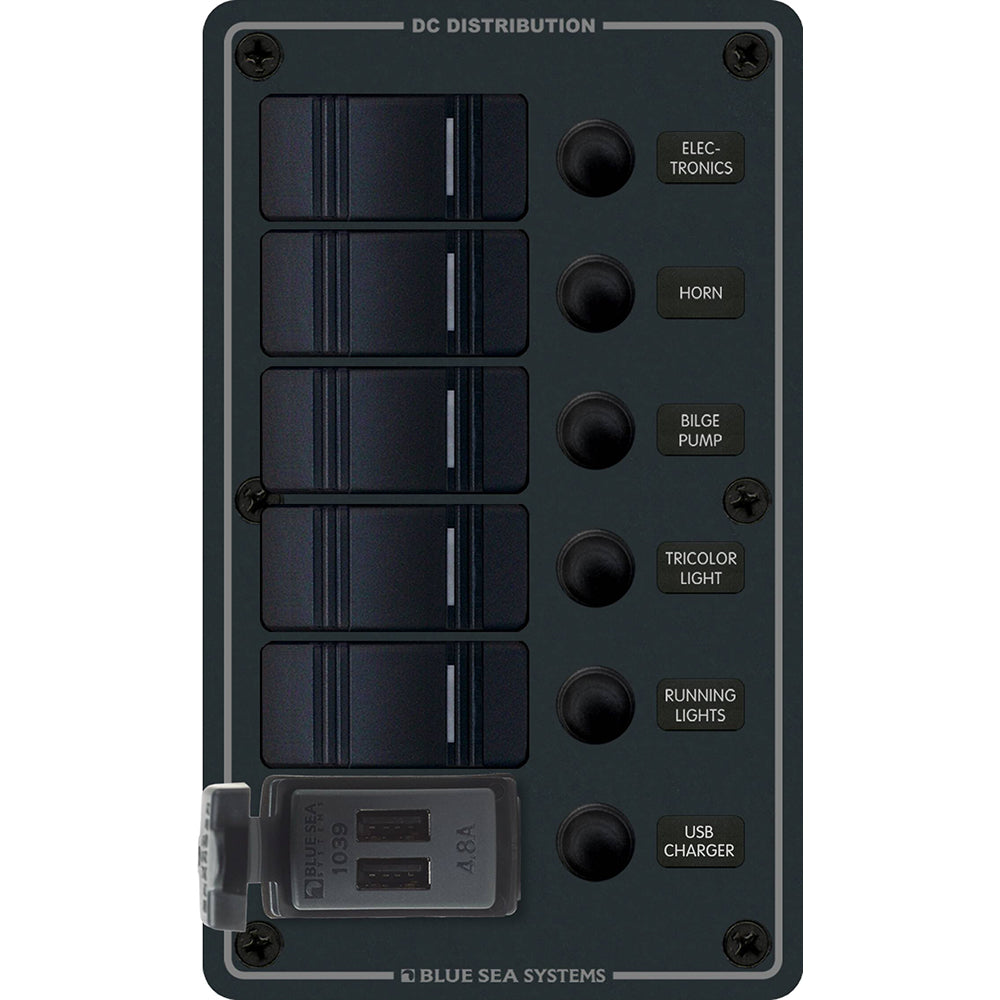 Blue Sea 8521 - 5 Position Contura Switch Panel w/Dual USB Chargers - 12/24V DC - Black OutdoorUp