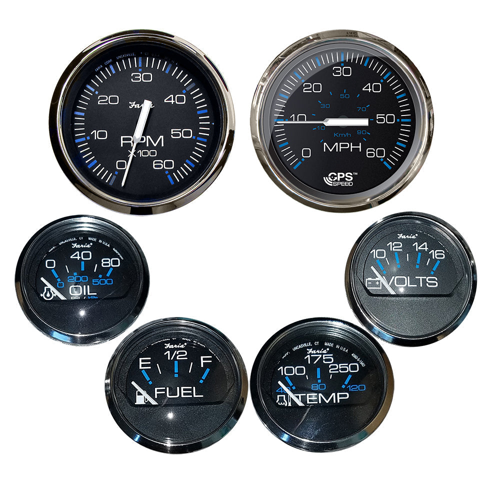 Faria Chesapeake Black w/Stainless Steel Bezel Boxed Set of 6 - Speed, Tach, Fuel Level, Voltmeter, Water Temperature  Oil PSI - Inboard Motors OutdoorUp