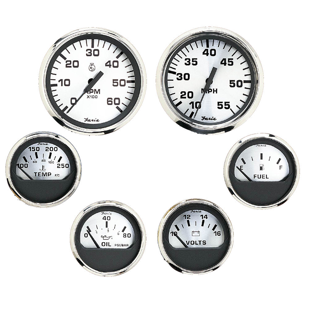 Faria Spun Silver Box Set of 6 Gauges f/ Inboard Engines - Speed, Tach, Voltmeter, Fuel Level, Water Temperature  Oil OutdoorUp