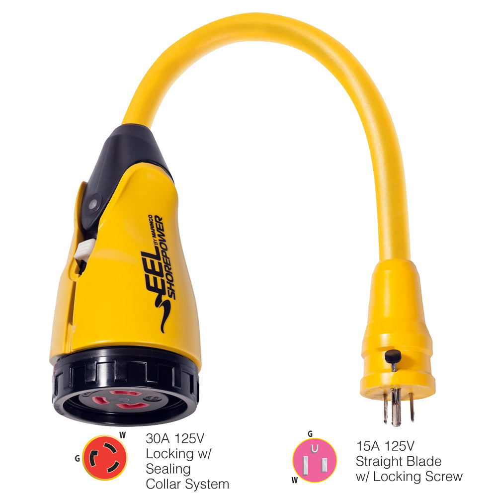 Marinco P15-30 EEL 30A-125V Female to 15A-125V Male Pigtail Adapter - Yellow OutdoorUp