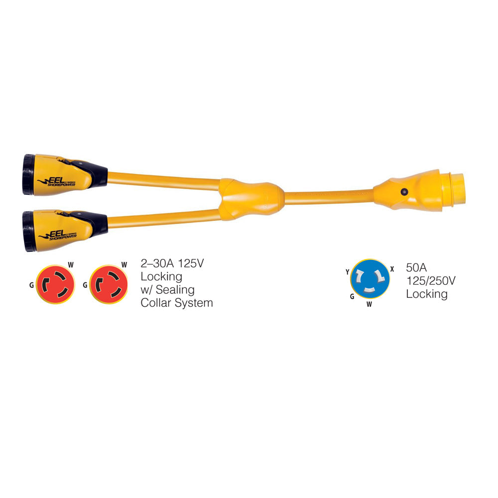 Marinco Y504-2-30 EEL (2)-30A-125V Female to (1)50A-125/250V Male "Y" Adapter - Yellow OutdoorUp