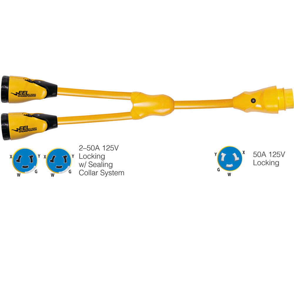 Marinco Y504-2-504 EEL (2)50A-125/250V Female to (1)50A-125/250V Male "Y" Adapter - Yellow OutdoorUp