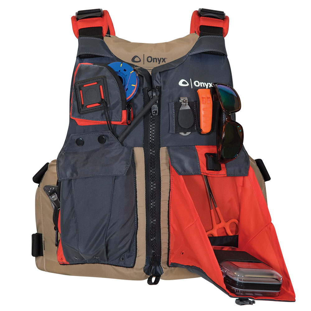 Onyx Kayak Fishing Vest - Adult Universal - Tan/Grey OutdoorUp