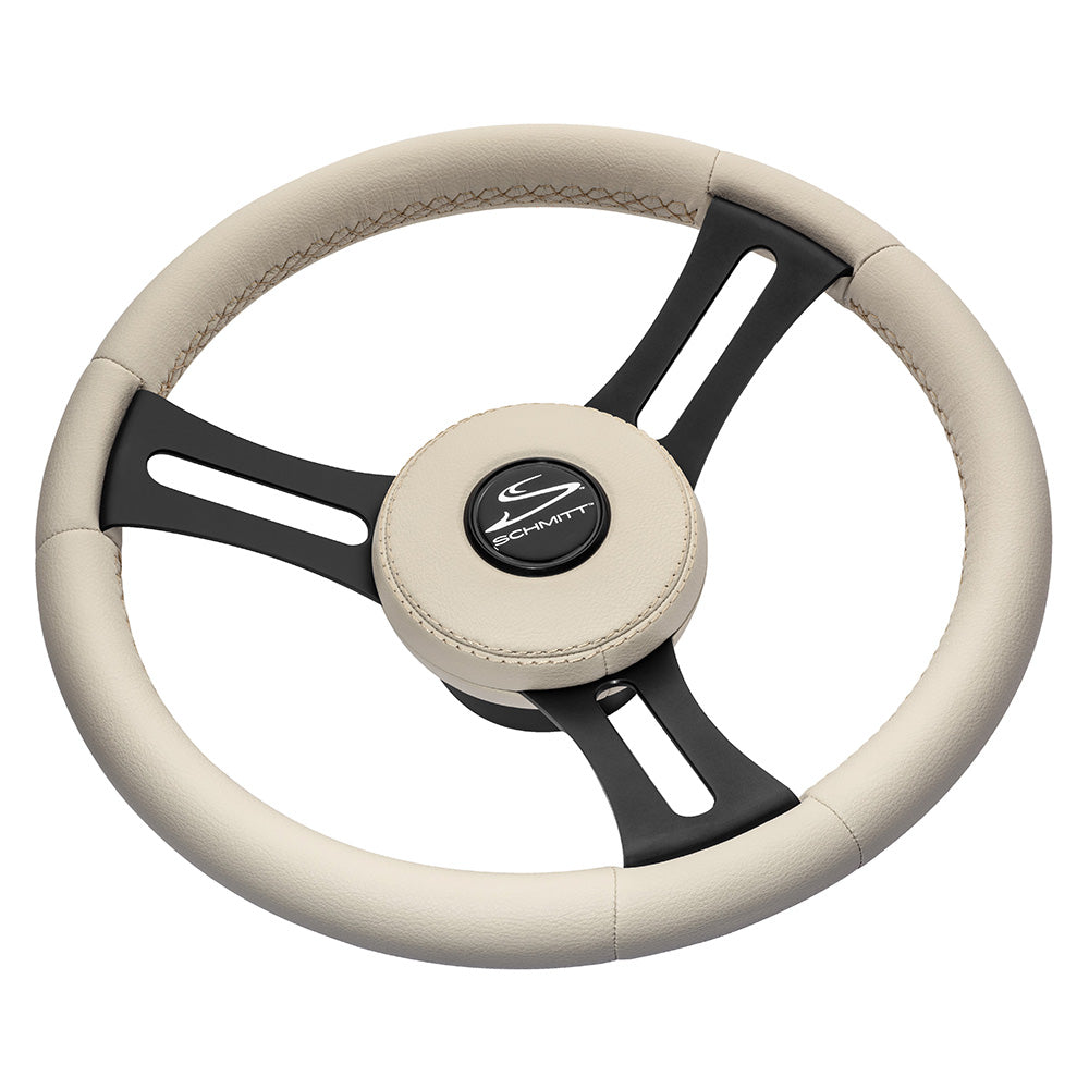 Schmitt Marine Torcello Elite 14" Wheel - Beige Leather  Cap - White Stitching - Black SS Spokes - 3/4" Tapered Shaft OutdoorUp