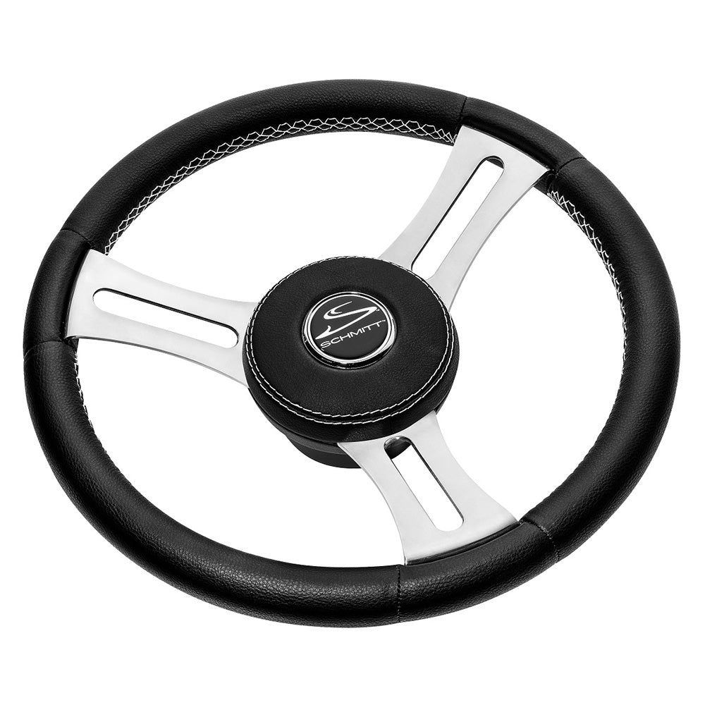 Schmitt Marine Torcello Elite 14" Wheel - Black Leather  Cap - White Stitching - Polished SS Spokes - 3/4" Tapered Shaft OutdoorUp