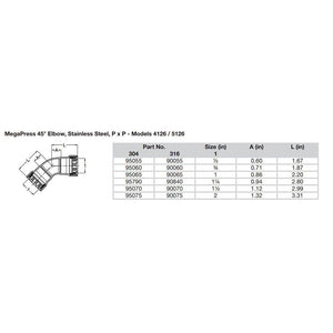 Viega MegaPress 1-1/2" 45 Stainless Steel 304 Elbow - Double Press Connection - Smart Connect Technology OutdoorUp