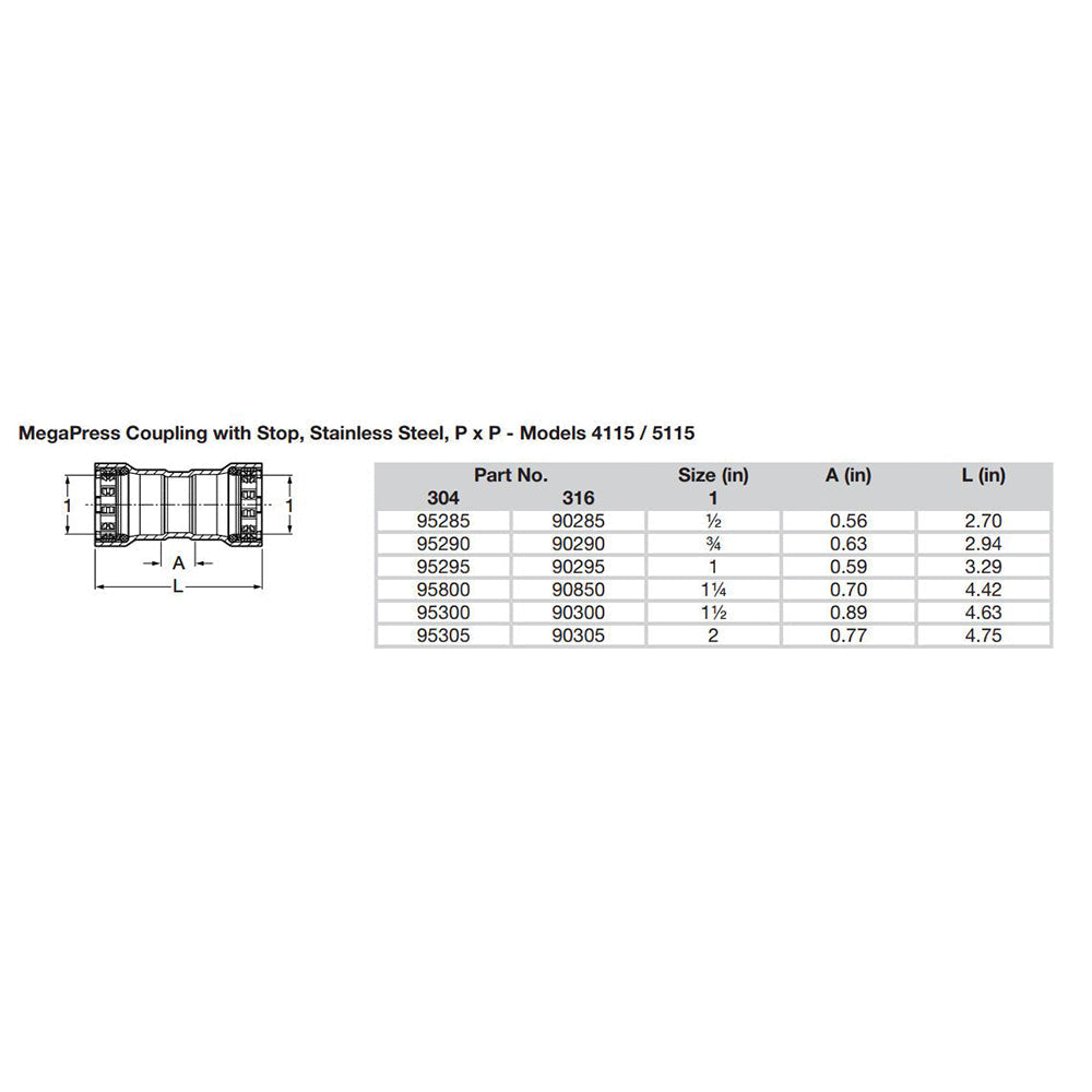 Viega MegaPress 1-1/2" Stainless Steel 304 Coupling w/Stop - Double Press Connection - Smart Connect Technology OutdoorUp